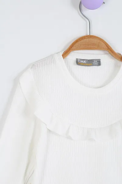 Beyaz (3-11 Yaş) Yaka ve Kol Fırfır Detaylı Kız Çocuk Sweatshirt 297016