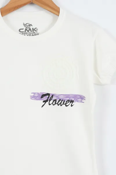 Beyaz (3-12 Yaş) Flower Baskılı Kol Lastikli Kız Çocuk Tişört 354295
