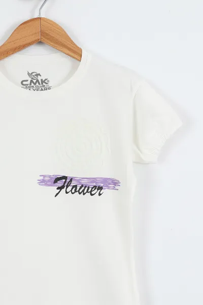 Beyaz (3-12 Yaş) Flower Baskılı Kol Lastikli Kız Çocuk Tişört 354295