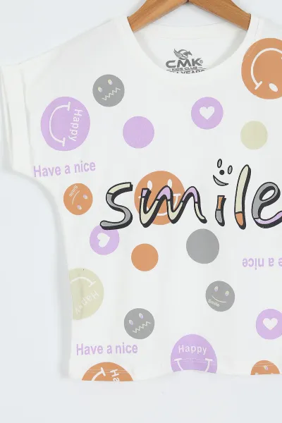 Beyaz (3-12 Yaş)Smile  Baskılı  Kız Çocuk Kısa Kol Tişört 354034