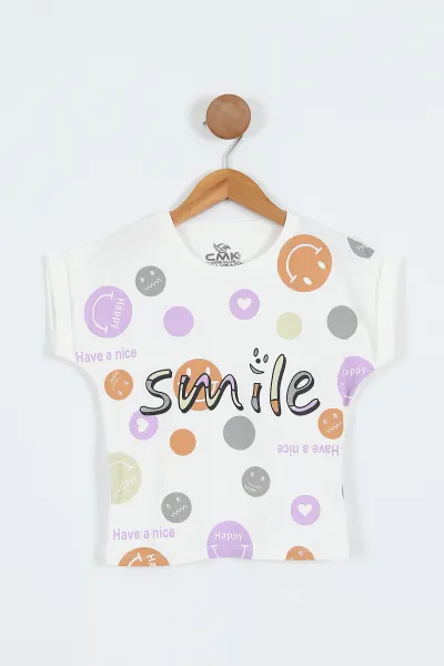 Beyaz (3-12 Yaş)Smile  Baskılı  Kız Çocuk Kısa Kol Tişört 354034