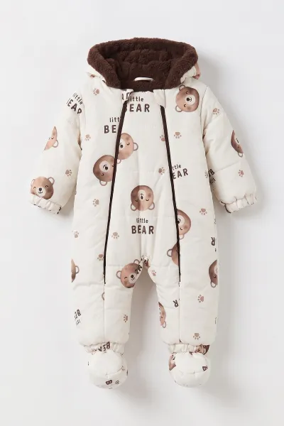 Beyaz (3-18 Ay)  Little Bear Desenli İçi Kürklü Çıkarılabilir Patik ve Eldivenli Kapüşonlu Bebek Kozmonot Astronot Tulum 496429