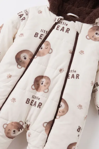 Beyaz (3-18 Ay)  Little Bear Desenli İçi Kürklü Çıkarılabilir Patik ve Eldivenli Kapüşonlu Bebek Kozmonot Astronot Tulum 496429