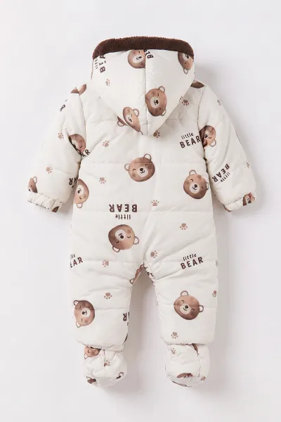 Beyaz (3-18 Ay)  Little Bear Desenli İçi Kürklü Çıkarılabilir Patik ve Eldivenli Kapüşonlu Bebek Kozmonot Astronot Tulum 496429