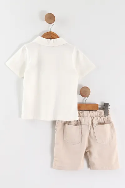 Beyaz (3-4 Yaş) Polo Yaka Cool Boy Baskılı Tişörtlü Gabardin Şortlu Erkek Çocuk Yazlık 2'li Takım 465865