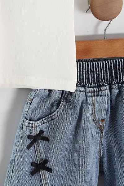 Beyaz (3-7 Yaş)Kalp Nakışlı Fiyonklu Kot Şortlu Kız Çocuk Takım 455276