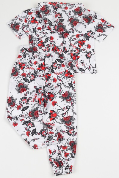 Beyaz (3-8 yaş) Kapüşonlu Çiçek Desenli Kız Çocuk Pijama Takımı 112675