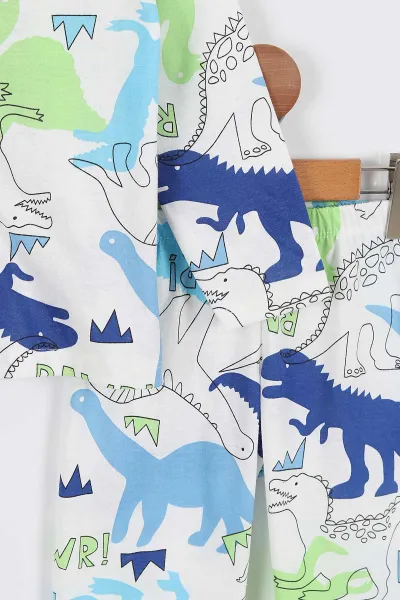 Beyaz (3-8 Yaş)Rawr Baskılı Ön Düğmeli Erkek Çocuk Pijama Takım 337873