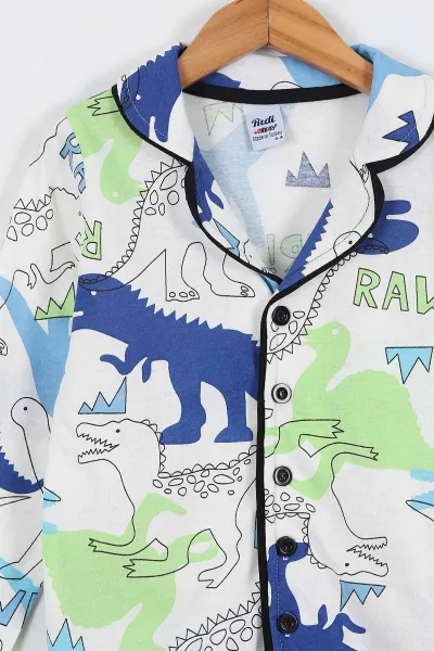 Beyaz (3-8 Yaş)Rawr Baskılı Ön Düğmeli Erkek Çocuk Pijama Takım 337873