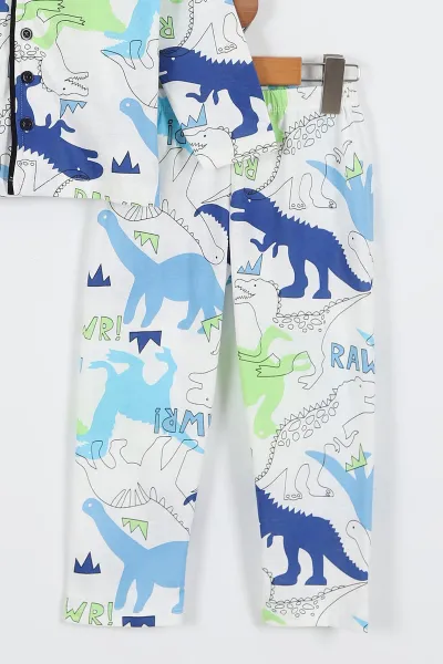 Beyaz (3-8 Yaş)Rawr Baskılı Ön Düğmeli Erkek Çocuk Pijama Takım 337873