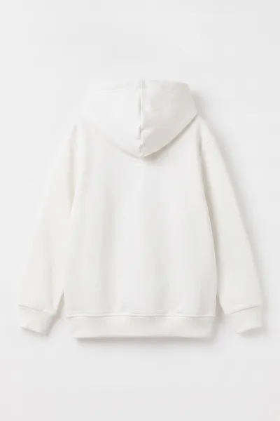 Beyaz (4-12 Yaş) Baskılı Kapüşonlu ve Kanguru Cepli 3 İp Şardonlu Erkek Çocuk Sweatshirt 496865