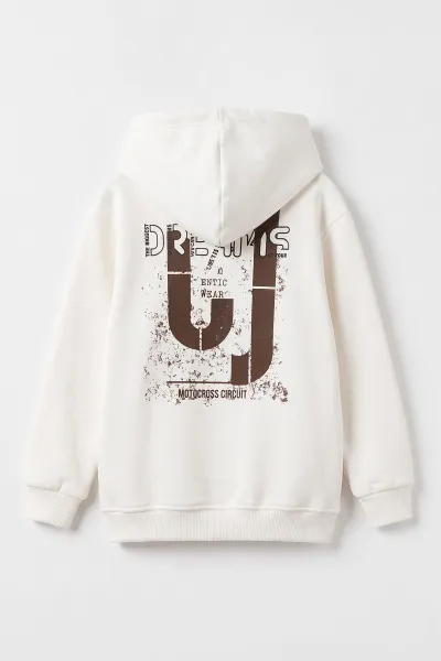 Beyaz (4-12 Yaş) Dreams Baskılı Kapüşonlu ve Kanguru Cepli  3 İp Şardonlu Erkek Çocuk Sweatshirt 496870