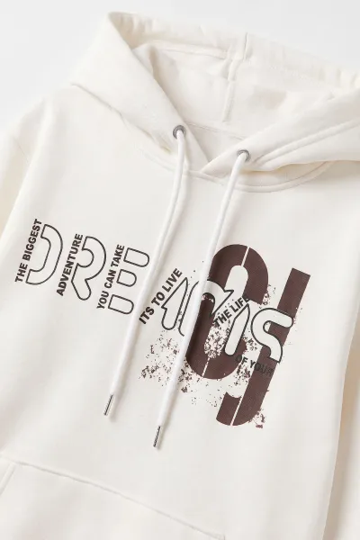 Beyaz (4-12 Yaş) Dreams Baskılı Kapüşonlu ve Kanguru Cepli  3 İp Şardonlu Erkek Çocuk Sweatshirt 496870