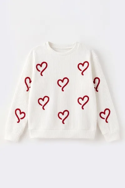 Beyaz (4-12 Yaş) Kalp Nakışlı Kız Çocuk Sweat 485482