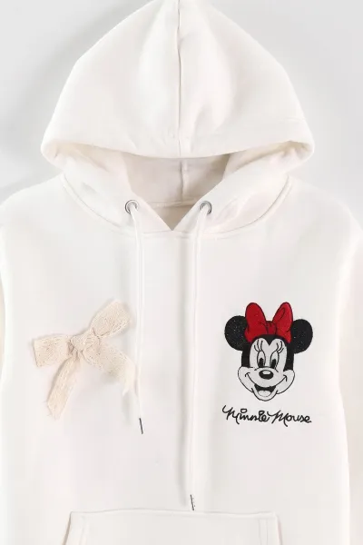 Beyaz (4-12 Yaş) Karakter Nakışlı Kapüşonlu 3 İp Şardonlu Kız Çocuk Sweatshirt 495039