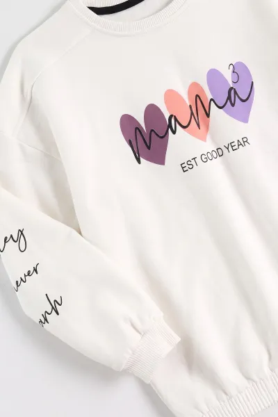 Beyaz (4-12 Yaş) Kol Baskılı Beli Lastikli   2 İp Şardonlu Kız Çocuk Sweatshirt 489306