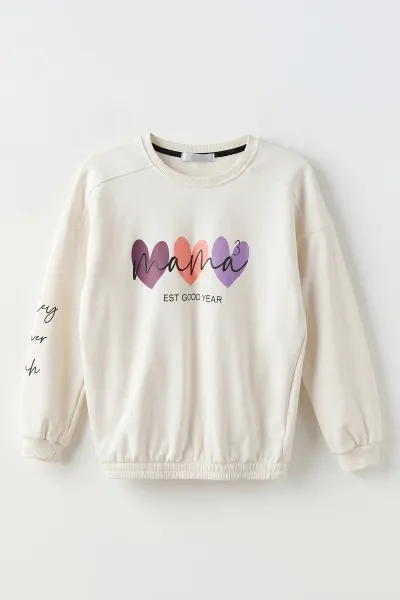 Beyaz (4-12 Yaş) Kol Baskılı Beli Lastikli   2 İp Şardonlu Kız Çocuk Sweatshirt 489306