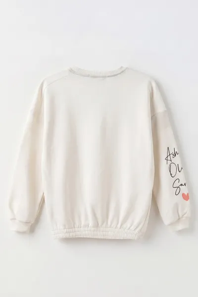 Beyaz (4-12 Yaş) Kol Baskılı Beli Lastikli   2 İp Şardonlu Kız Çocuk Sweatshirt 489306
