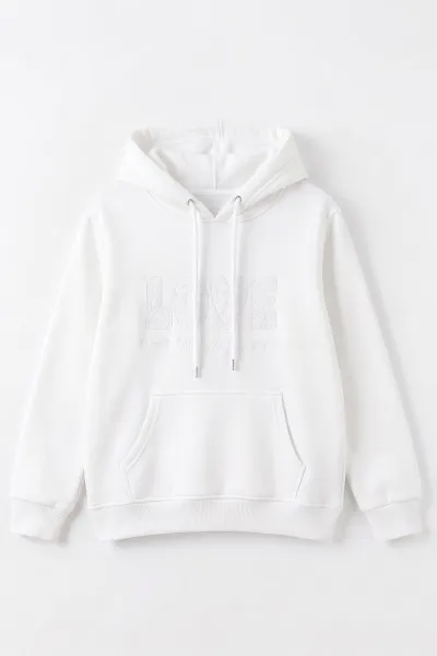 Beyaz (4-12 Yaş) Love Nakışlı Kapüşonlu 3 İp Şardonlu Kız Çocuk Sweatshirt 495034