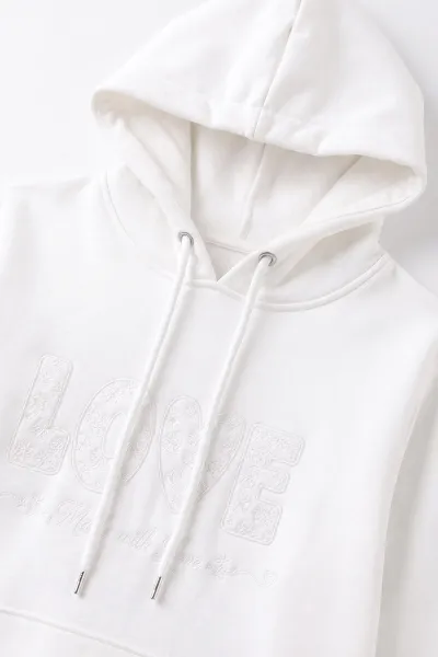 Beyaz (4-12 Yaş) Love Nakışlı Kapüşonlu 3 İp Şardonlu Kız Çocuk Sweatshirt 495034