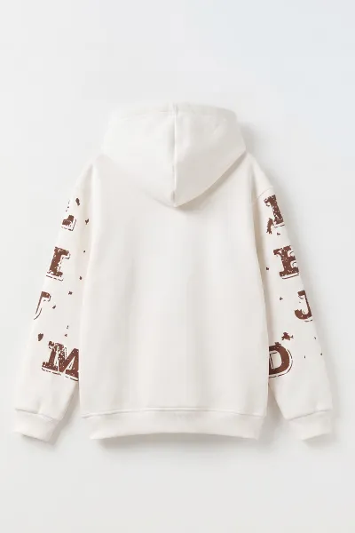 Beyaz (4-12 Yaş) Nakışlı Kapüşonlu ve Kanguru Cepli  3 İp Şardonlu Erkek Çocuk Sweatshirt 496876