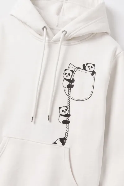 Beyaz (4-12 Yaş) Panda Baskılı Kapüşonlu ve Kanguru Cepli 3 İp Şardonlu  Kız Çocuk Sweatshirt 497536