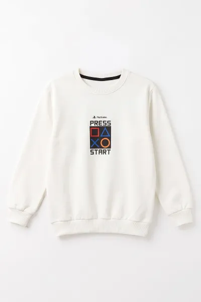 Beyaz (4-12 Yaş) Press Start Baskılı 2 İp Erkek Çocuk Sweatshirt 493694