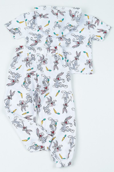 Beyaz (3-8 yaş) Kapüşonlu Bugs Bunny  Baskılı Kız Çocuk Pijama Takımı 108798