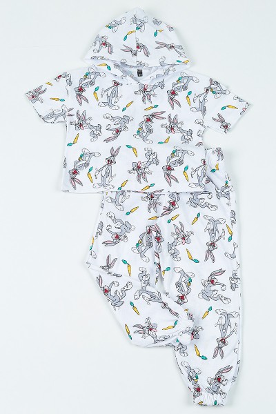 Beyaz (3-8 yaş) Kapüşonlu Bugs Bunny  Baskılı Kız Çocuk Pijama Takımı 108798