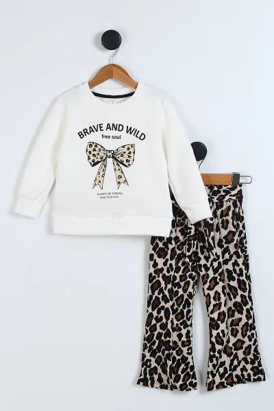 Beyaz (4-8 Yaş) Leopar Pantolonlu Fiyonk Baskılı  Kız Çocuk Takım 341737
