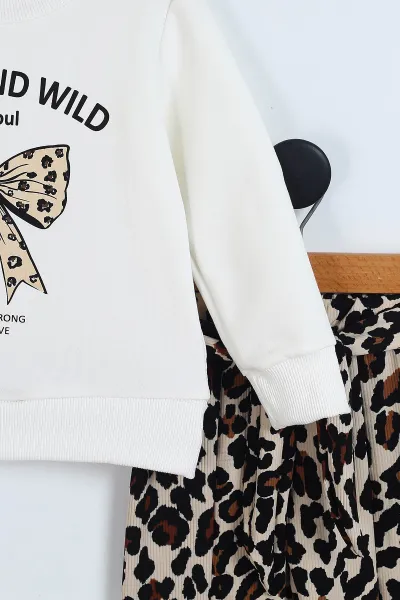 Beyaz (4-8 Yaş) Leopar Pantolonlu Fiyonk Baskılı  Kız Çocuk Takım 341737