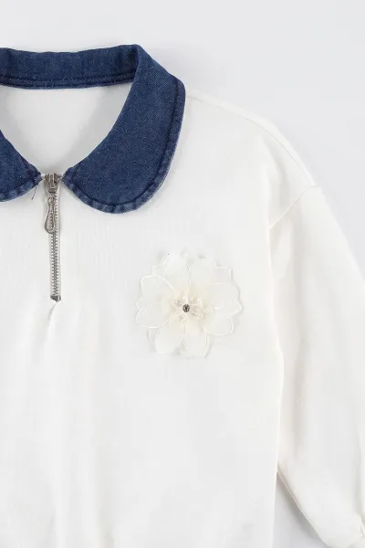 Beyaz (5-10 Yaş) Çiçek Aksesuarlı Bebe Yaka Kot Pantolonlu Kız Çocuk 2'li Takım 497611