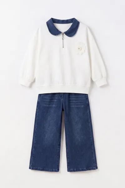 Beyaz (5-10 Yaş) Çiçek Aksesuarlı Bebe Yaka Kot Pantolonlu Kız Çocuk 2'li Takım 497611