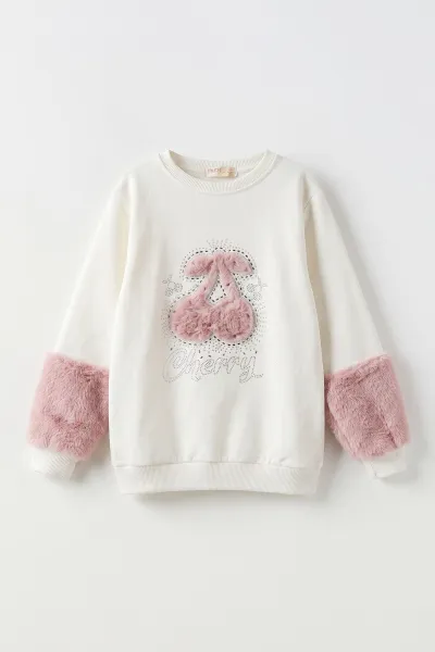 Beyaz (5-13 Yaş) Kiraz Nakışlı Taşlı  İçi Şardonlu Kız Çocuk Sweatshirt 483263