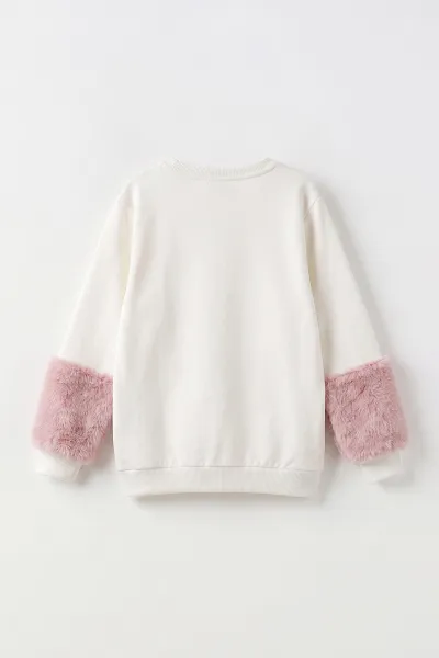 Beyaz (5-13 Yaş) Kiraz Nakışlı Taşlı  İçi Şardonlu Kız Çocuk Sweatshirt 483263