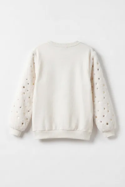 Beyaz (5-13 Yaş) Kolu Yıldız Baskılı ve Peluşlu İçi Şardonlu Kız Çocuk Sweatshirt 483260