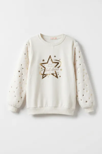 Beyaz (5-13 Yaş) Kolu Yıldız Baskılı ve Peluşlu İçi Şardonlu Kız Çocuk Sweatshirt 483260