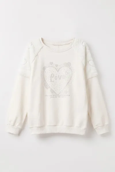 Beyaz (5-13 Yaş) Love Taş Baskılı  Peluşlu İçi Hafif   Şardonlu Kız Çocuk Sweatshirt 489284