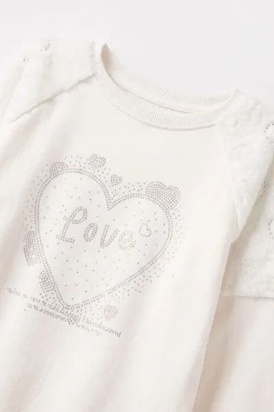 Beyaz (5-13 Yaş) Love Taş Baskılı  Peluşlu İçi Hafif   Şardonlu Kız Çocuk Sweatshirt 489284