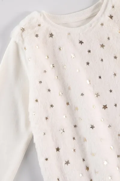 Beyaz (5-13 Yaş) Önü Yıldızlı  Peluşlu İçi  Hafif   Şardonlu Kız Çocuk Sweatshirt 489288