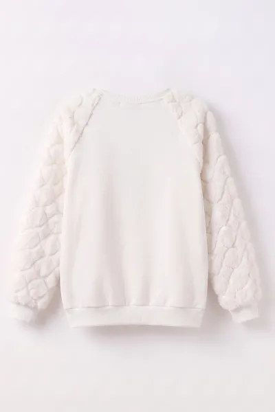 Beyaz (5-13 Yaş) Yıldız Baskılı Kolları Peluşlu İçi  Hafif Pamuklu Kız Çocuk Sweatshirt 489293