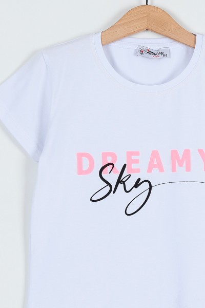 Beyaz (5-8 Yaş) Dreamy Kabartma Baskılı Kız Çocuk Tişört 185394