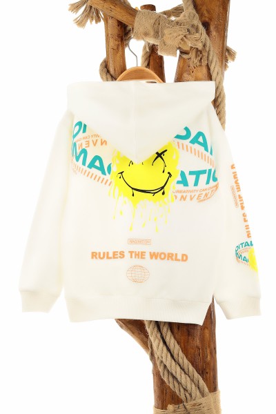 Beyaz (5-8 Yaş) Feel Happy Baskılı Kapüşonlu  Mevsimlik Erkek Çocuk Sweat 157160