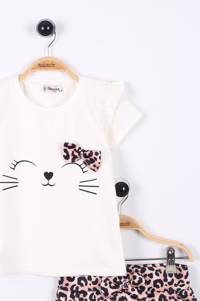 Beyaz (5-8 Yaş) Kedi Baskılı Leopar Desenli Kız Çocuk Şortlu Takım 175003
