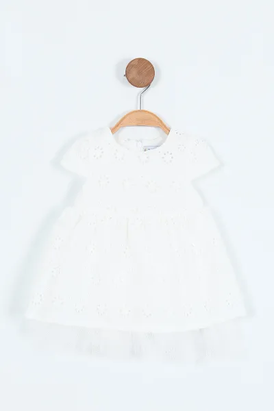 Beyaz (6-18 Ay) Çiçek Fistolu Tül Detay Kız Bebek Elbise 248579
