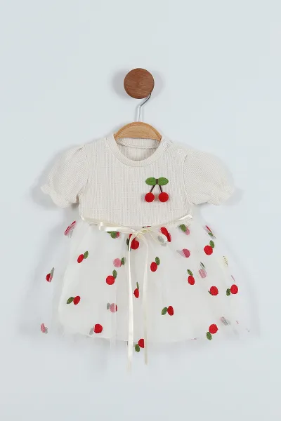 Beyaz (6-18 Ay) Kiraz Nakışlı İç Astarlı Kız Bebek Elbise 272189