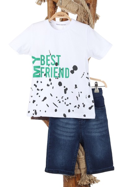 Beyaz (6-9 Yaş) My Best Frıend Baskılı Kot Şortlu Erkek Çocuk Takım 164617