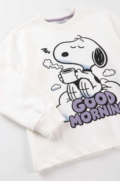 Beyaz (7-11 Yaş) Good Morning Baskılı Ribana Kumaş Kız Çocuk Pijama Takımı 477074