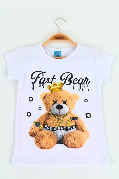 Beyaz (8-12 yaş) Fast Bear Baskılı Kız Çocuk Tişört 121233