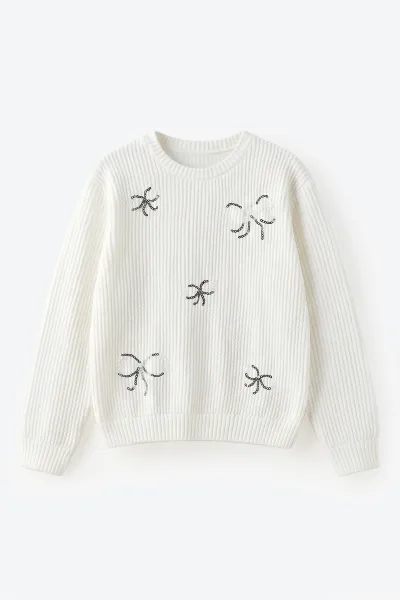 Beyaz (8-12 Yaş) Taşlı Fiyonk Nakışlı Kız Çocuk Sweat 499760